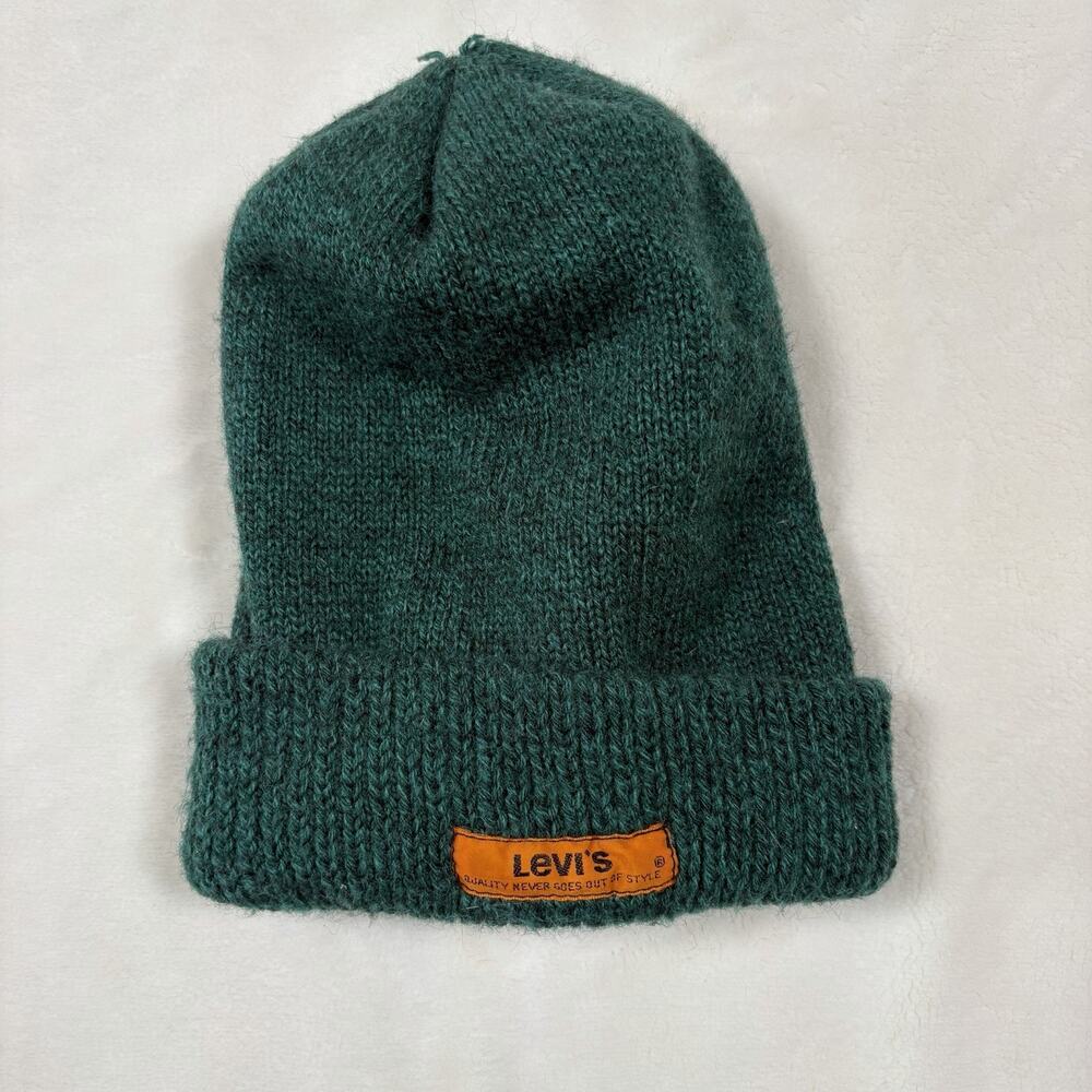 Levi's Green Knit Beanie Hat Cuffed Logo Patch Winter Cap Unisex